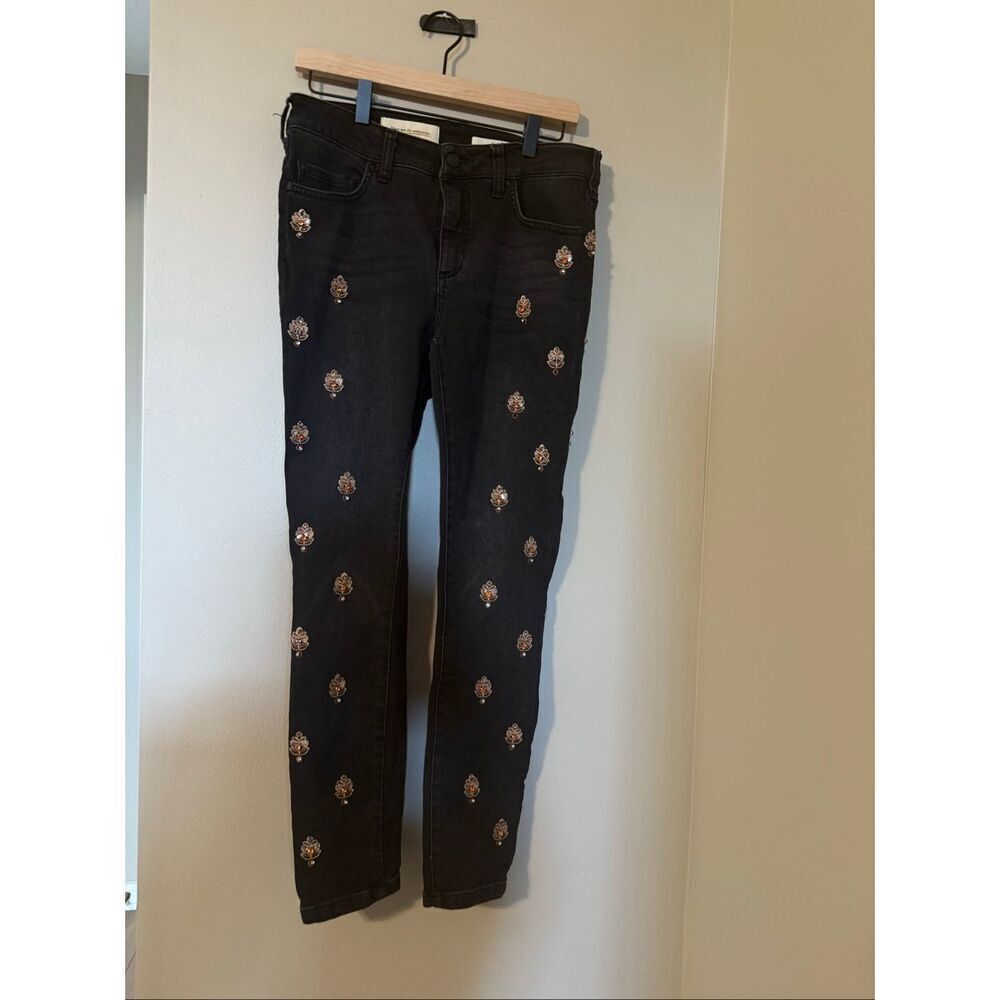 Anthropology Pilcro Script High Rise Embellished Skinny Jeans Black Boho Beaded - Picture 9 of 16